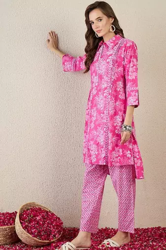 Floral Printed A-Line Cotton Kurta With Trouser