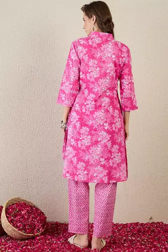 Floral Printed A-Line Cotton Kurta With Trouser
