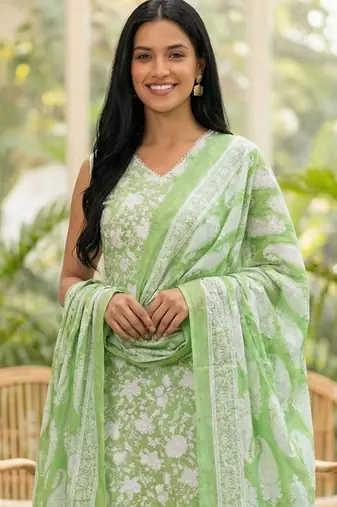 Women Floral Printed Cotton Kurta with Trousers & With Dupatta