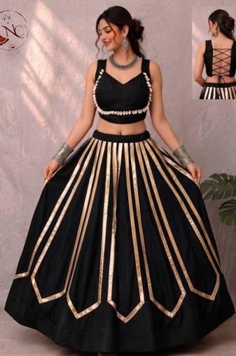 Black Navratri Heavy Rayon Gold Foil Stripe Lehenga Choli Set