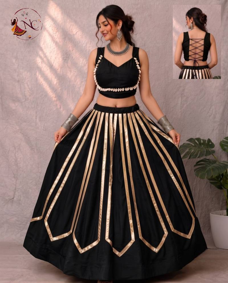 Black Navratri Heavy Rayon Gold Foil Stripe Lehenga Choli Set