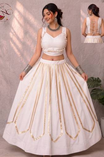 White Navratri Heavy Rayon Gold Foil Stripe Lehenga Choli Set