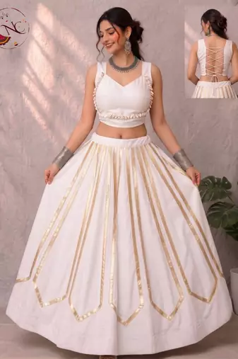 White Navratri Heavy Rayon Gold Foil Stripe Lehenga Choli Set