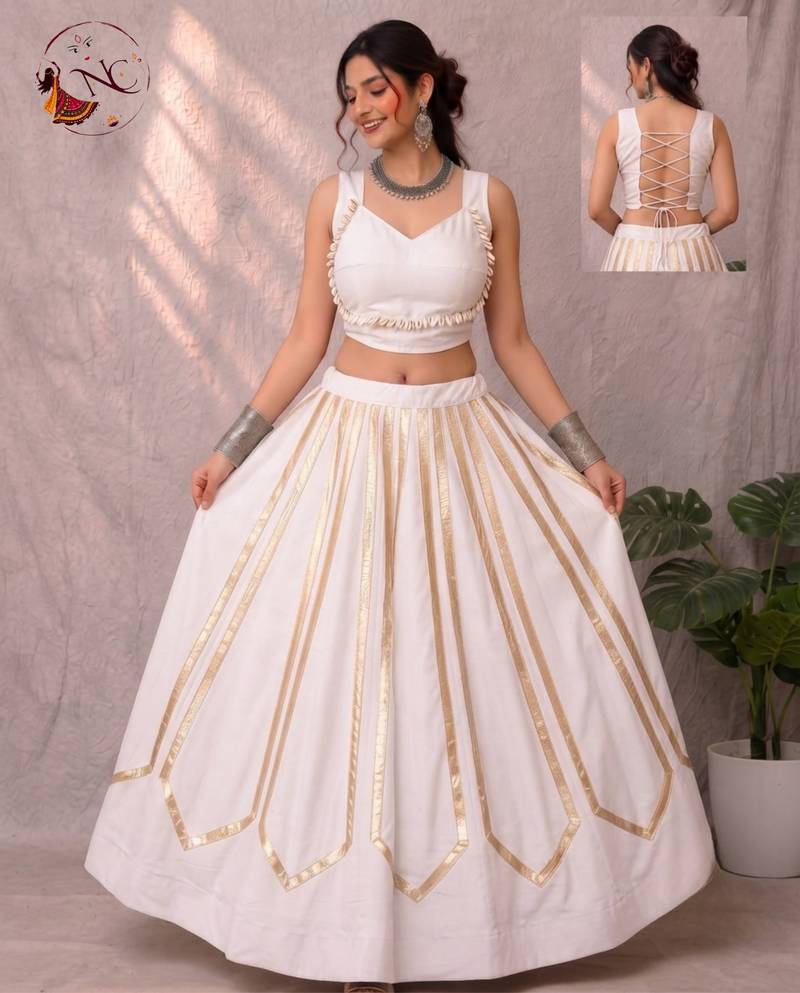 White Navratri Heavy Rayon Gold Foil Stripe Lehenga Choli Set