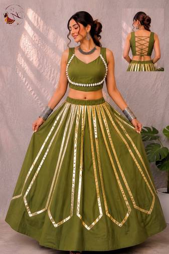 Olive Navratri Heavy Rayon Gold Foil Stripe Lehenga Choli Set