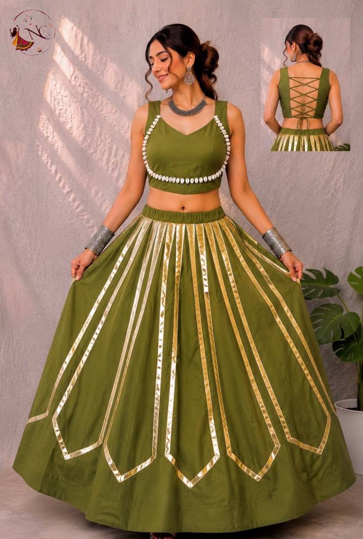 Olive Navratri Heavy Rayon Gold Foil Stripe Lehenga Choli Set