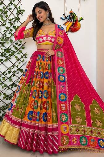 Multicolor Navratri Special Muslin Cotton Mirror Work Lehenga Set