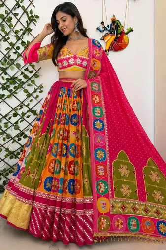 Multicolor Navratri Special Muslin Cotton Mirror Work Lehenga Set