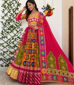 Multicolor Navratri Special Muslin Cotton Mirror Work Lehenga Set