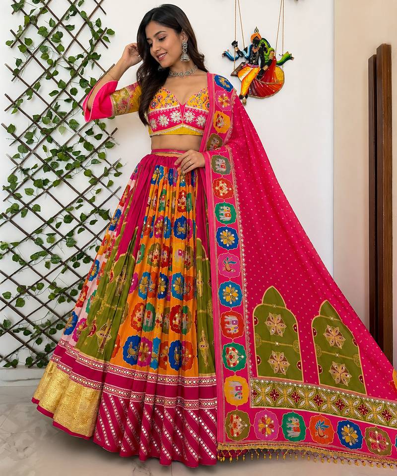 Multicolor Navratri Special Muslin Cotton Mirror Work Lehenga Set