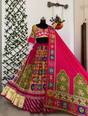 Multicolor Navratri Special Muslin Cotton Mirror Work Lehenga Set 2