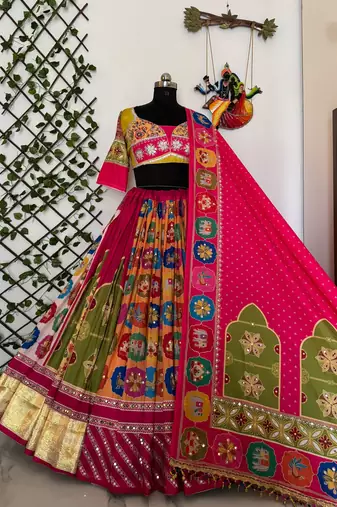 Multicolor Navratri Special Muslin Cotton Mirror Work Lehenga Set
