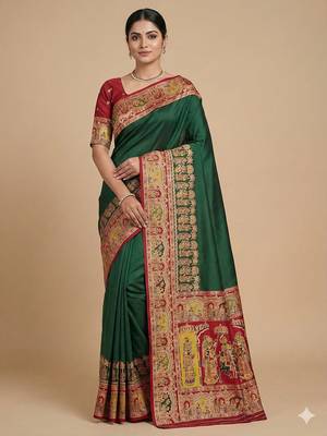 Green pashmina paithani silk saree with beautifully multicolor border and pallu 1
