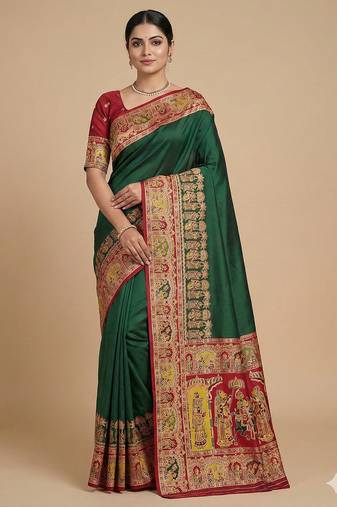 Green pashmina paithani silk saree with beautifully multicolor border and pallu
