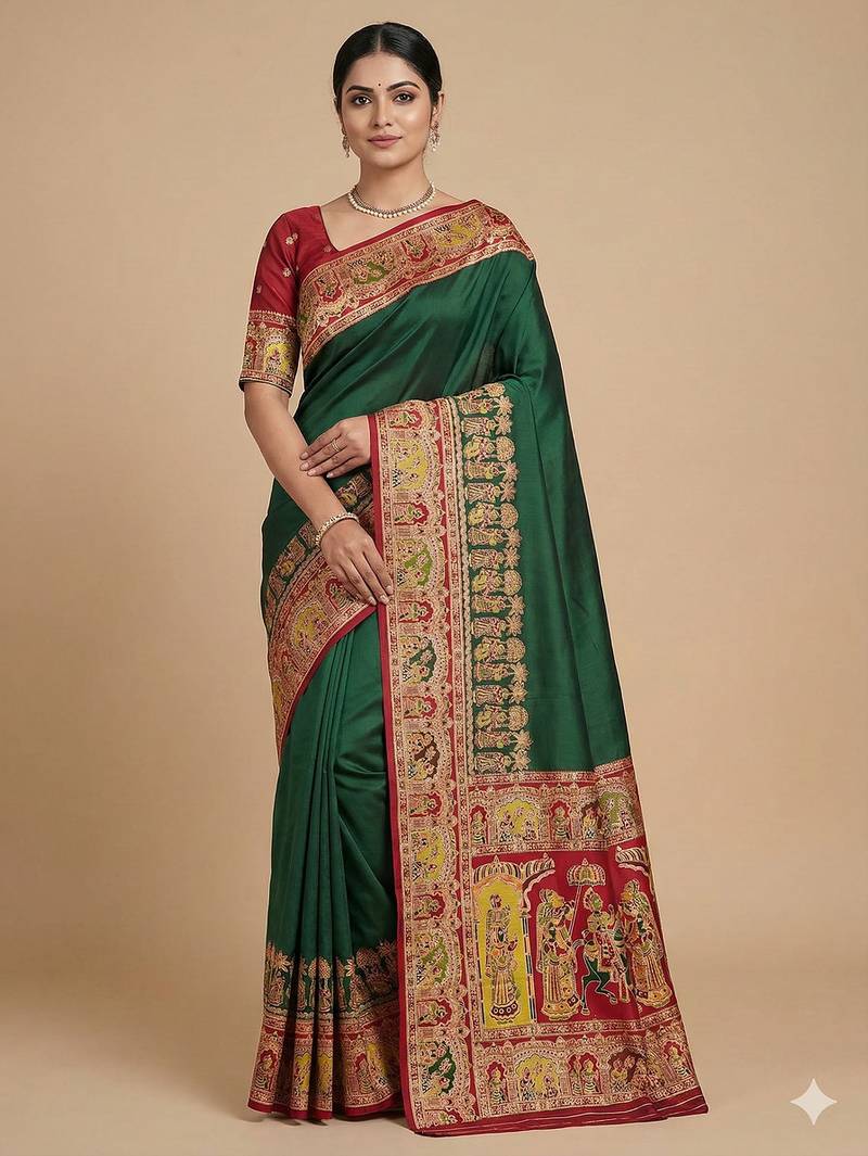 Green pashmina paithani silk saree with beautifully multicolor border and pallu