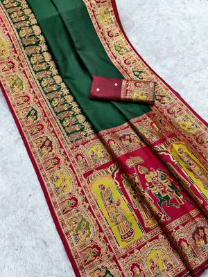 Green pashmina paithani silk saree with beautifully multicolor border and pallu 2