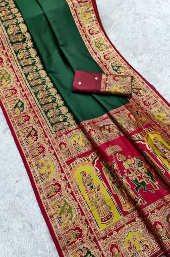 Green pashmina paithani silk saree with beautifully multicolor border and pallu