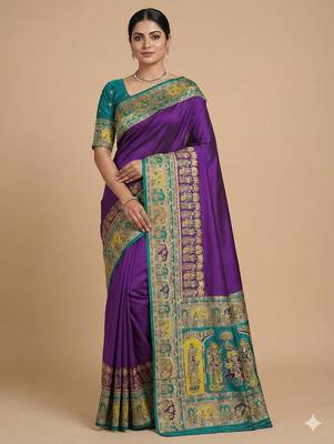 Purple pashmina paithani silk saree with beautifully multicolor border and pallu 1