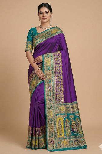 Purple pashmina paithani silk saree with beautifully multicolor border and pallu