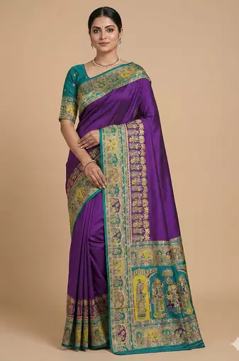 Purple pashmina paithani silk saree with beautifully multicolor border and pallu