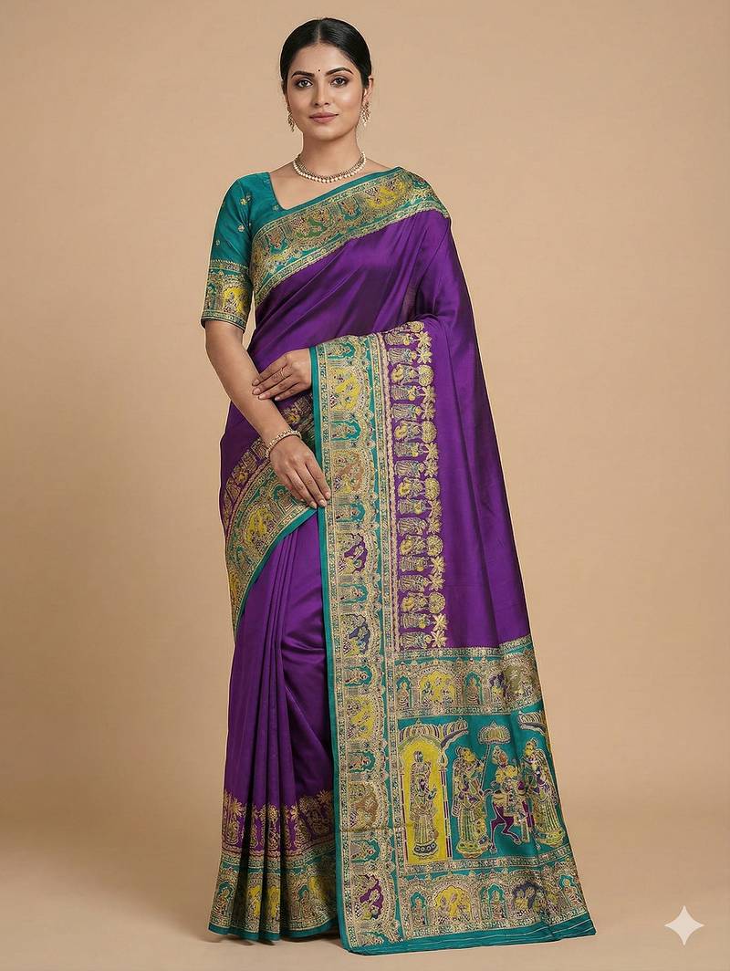 Purple pashmina paithani silk saree with beautifully multicolor border and pallu