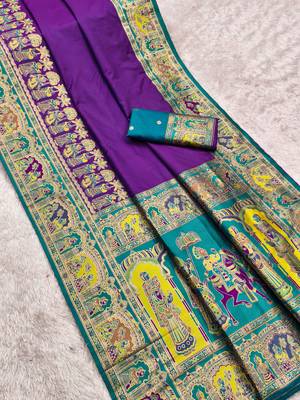Purple pashmina paithani silk saree with beautifully multicolor border and pallu 2