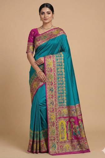 Sky blue pashmina paithani silk saree with beautifully multicolor border and pallu
