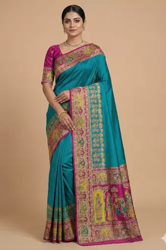 Sky blue pashmina paithani silk saree with beautifully multicolor border and pallu