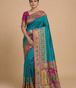 Sky blue pashmina paithani silk saree with beautifully multicolor border and pallu