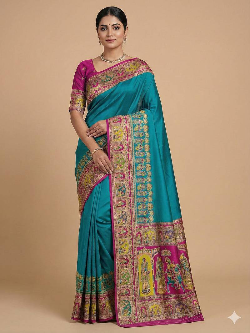 Sky blue pashmina paithani silk saree with beautifully multicolor border and pallu