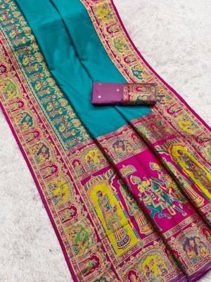 Sky blue pashmina paithani silk saree with beautifully multicolor border and pallu 2