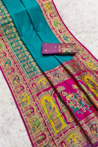 Sky blue pashmina paithani silk saree with beautifully multicolor border and pallu