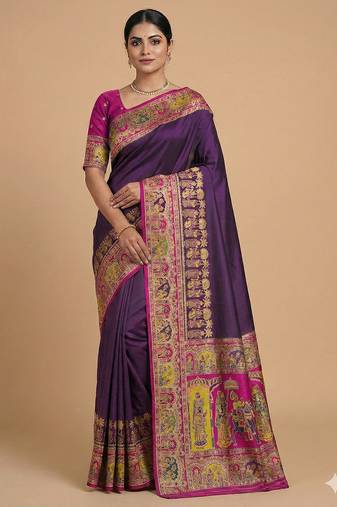 Wine pashmina paithani silk saree with beautifully multicolor border and pallu