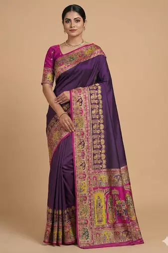 Wine pashmina paithani silk saree with beautifully multicolor border and pallu