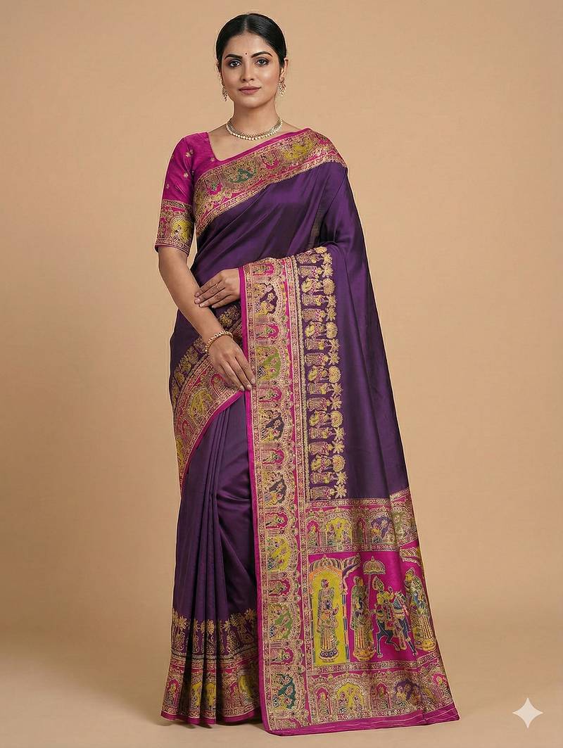 Wine pashmina paithani silk saree with beautifully multicolor border and pallu