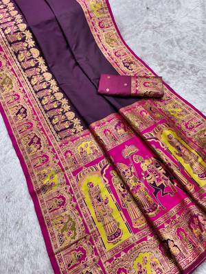 Wine pashmina paithani silk saree with beautifully multicolor border and pallu 2
