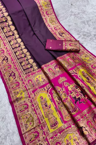 Wine pashmina paithani silk saree with beautifully multicolor border and pallu