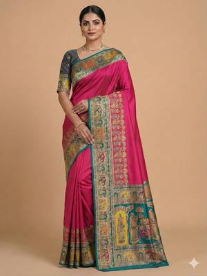 Pink pashmina paithani silk saree with beautifully multicolor border and pallu 1