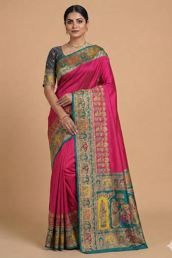 Pink pashmina paithani silk saree with beautifully multicolor border and pallu