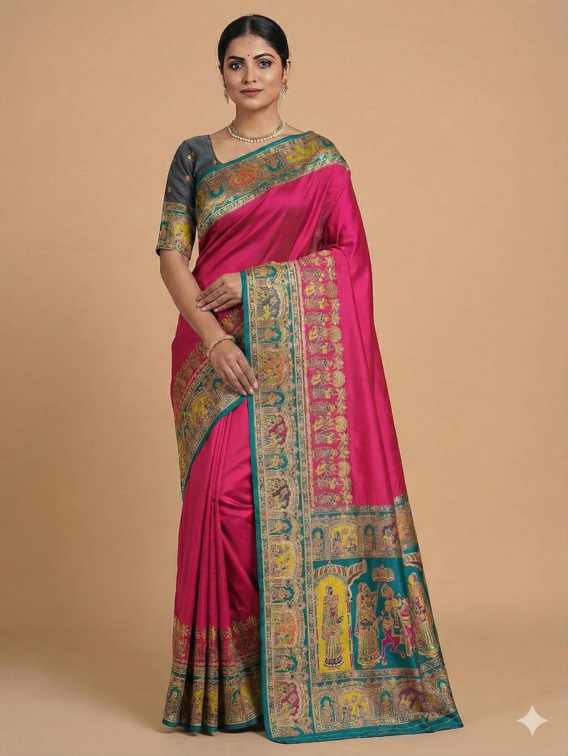 Pink pashmina paithani silk saree with beautifully multicolor border and pallu