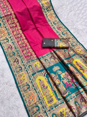 Pink pashmina paithani silk saree with beautifully multicolor border and pallu 2