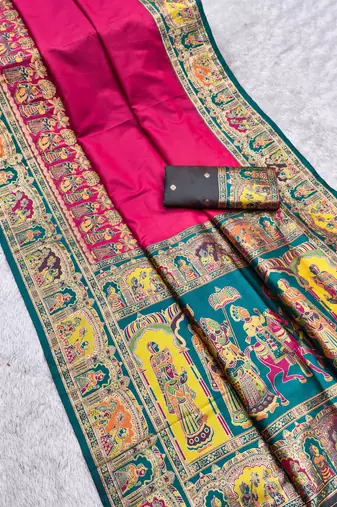 Pink pashmina paithani silk saree with beautifully multicolor border and pallu