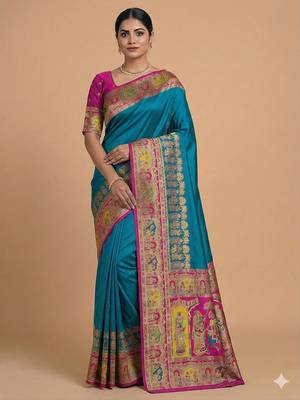 Teal pashmina paithani silk saree with beautifully multicolor border and pallu 1