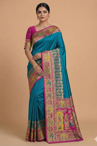 Teal pashmina paithani silk saree with beautifully multicolor border and pallu