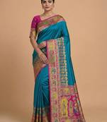 Teal pashmina paithani silk saree with beautifully multicolor border and pallu