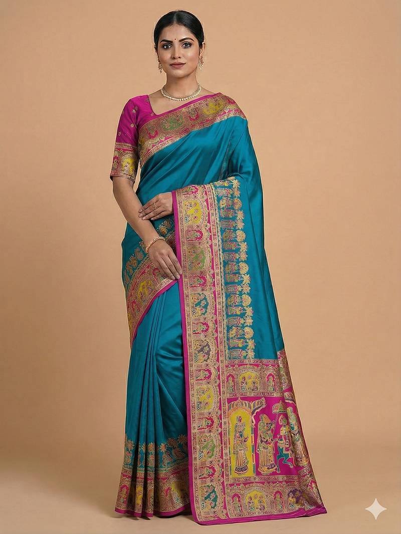 Teal pashmina paithani silk saree with beautifully multicolor border and pallu