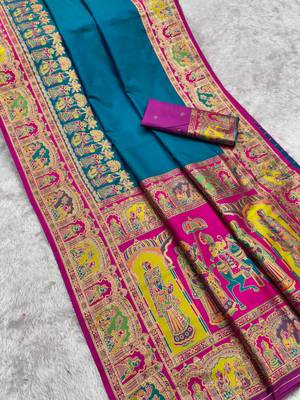 Teal pashmina paithani silk saree with beautifully multicolor border and pallu 2