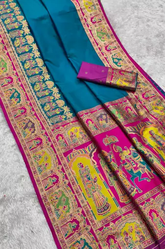 Teal pashmina paithani silk saree with beautifully multicolor border and pallu