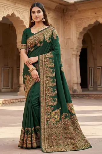 Green pashmina paithani silk saree with beautifully multicolor border and pallu