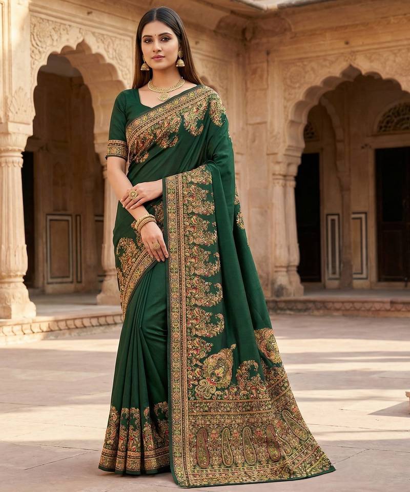 Green pashmina paithani silk saree with beautifully multicolor border and pallu